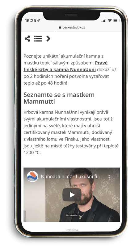 Responzivní verze detailu článků s videem na serveru ČESKÉSTAVBY.cz na mobilu